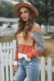 Burgundy Trim Colorblock Stripes Cold Shoulder Hollow-out Sweater