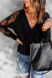 Sexy V Neck Surplice Hollow-out Sweater with Lace Sleeves