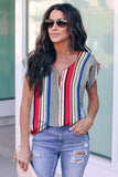 V Neck Stripes Roll up Short Sleeve Zip Up Blouse