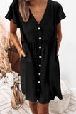 Wine V Neck Buttoned Empire Waist Babydoll Mini Dress