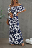 Turquoise Roses Print Off-the-shoulder Maxi Dress