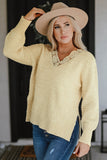 Beige Lace Scalloped V-Neck Side Split Loose Sweater