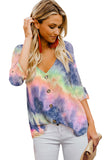V-neck Long Sleeve Tie-dye Blouse With Buttons Closure