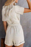 V Neck Short Sleeve Buttons Belted Romper with Pockets