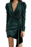 Wrap V Neck Long Sleeve Ruched Velvet Mini Dress