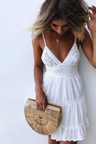 Spaghetti Straps V Neck Lace Bodice Ruffled Mini Dress