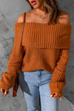 Brown Ribbed Knit Foldover Off Shoulder Sweater