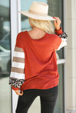 V Neck Leopard Stripe Splice Lantern Sleeve Top