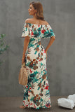 Turquoise Roses Print Off-the-shoulder Maxi Dress