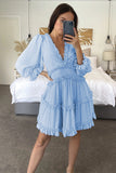 Layered Ruffled Open Back Puff Sleeve Swiss Dot Mini Dress