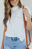 Frilled High Neck Eyelet Pattern Puff Sleeve Top