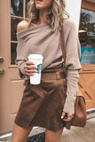 Khaki Slouchy One Shoulder Dolman Sleeves Ribbed Sweater
