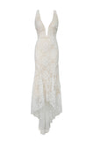 White V-neck Backless Lace Wedding Sweeping Floor Evening Dress