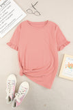 Pink Solid Ruffled Short Sleeve T-shirt
