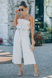 Beige Ruffled Strapless Wide Leg Jumpsuit