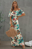 Turquoise Roses Print Off-the-shoulder Maxi Dress