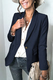 Blue Black Lapel Collar Button Pocket Blazer