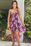 Burgundy Floral High-low Dress with Lace Back