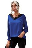 V Neck Lace Patchwork Green Blouse