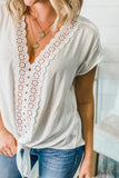 V Neck Lace Patchwork Tee with Knot
