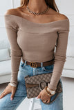 Khaki Ribbed Knit Long Sleeve Off Shoulder Top