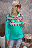 Aztec Print Colorblock Zipper Collar Sweatshirt