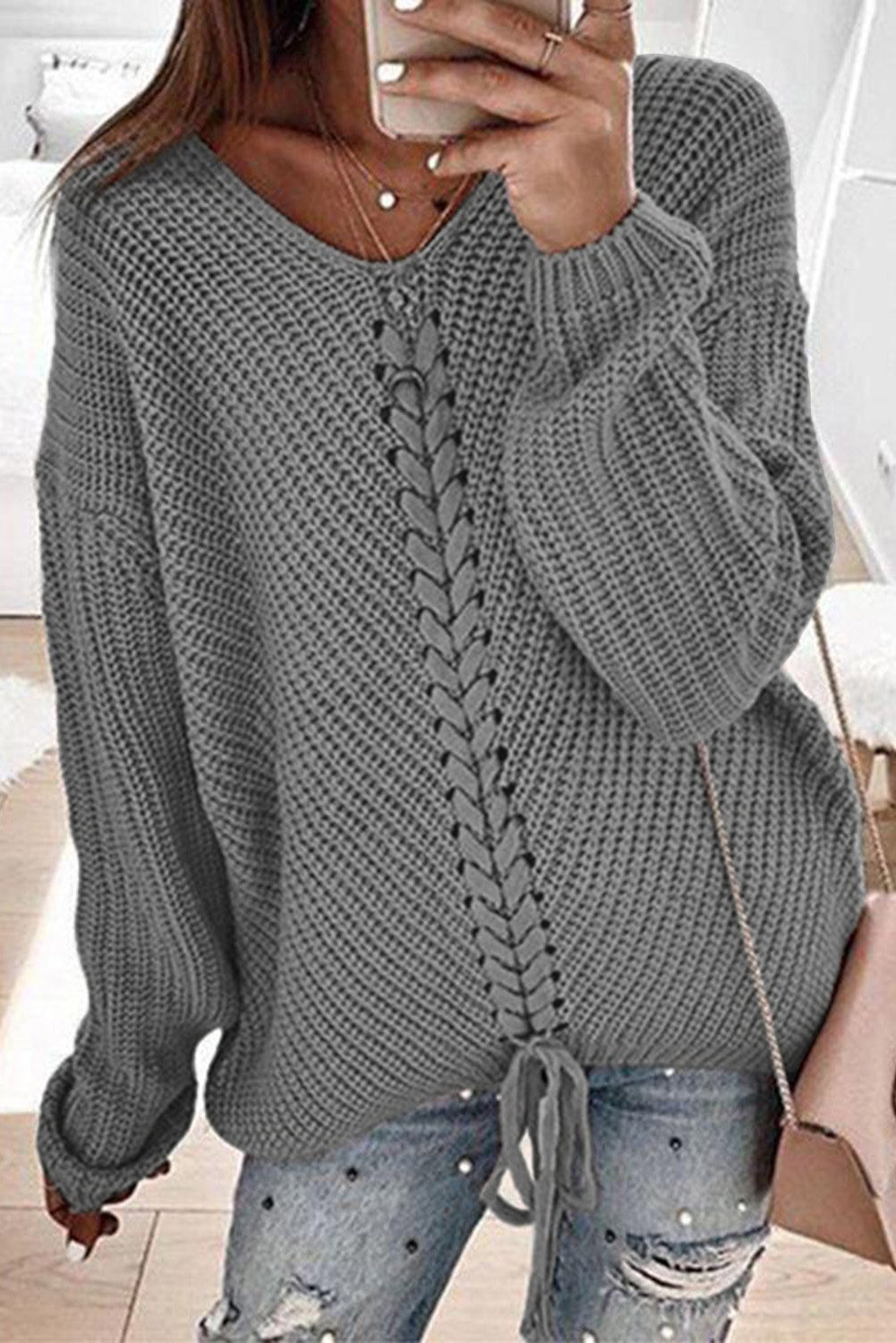 V-neck Lace Up Knitted Sweater