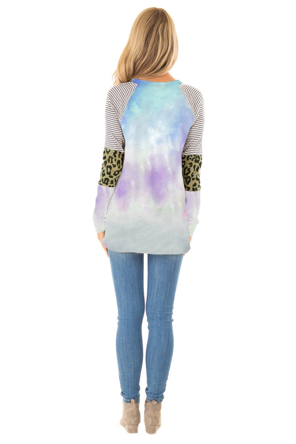 Tie-dyed Striped and Leopard Long Sleeves Top