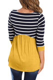 Striped Ruffled Three Quarter Sleeve O-Neck Blouse