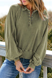 Washed Snap Buttons Lantern Sleeve Pullover Sweatshirt