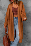 Brown Solid Open Front Drop Sleeves Long Cardigan