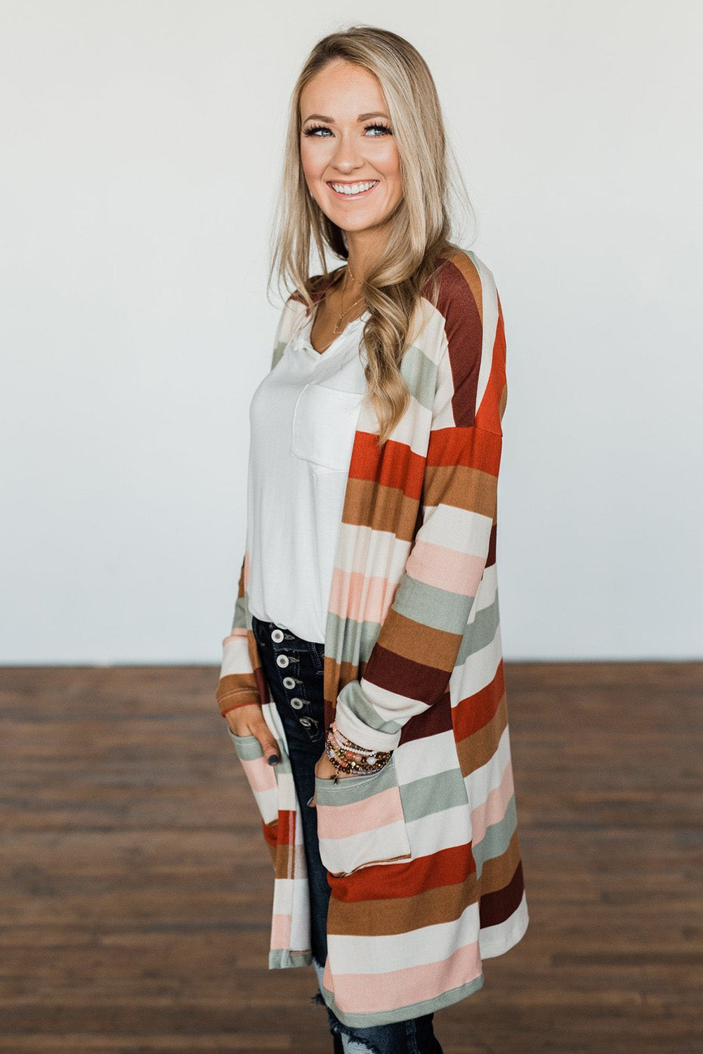 color Striped Print Pockets Open Front Cardigan