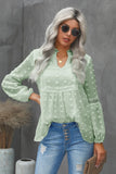 Ruffled Split Neck Lace Hollow Out Puff Sleeve Polka Dot Blouse