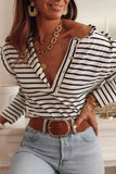Striped Print Ruffled Buttoned Long Sleeve Top