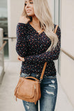 Navy Button V Neck Long Sleeve Floral Top