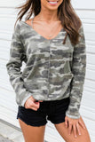 Camo Print V Neck Long Sleeve Knit Top