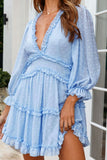 Layered Ruffled Open Back Puff Sleeve Swiss Dot Mini Dress