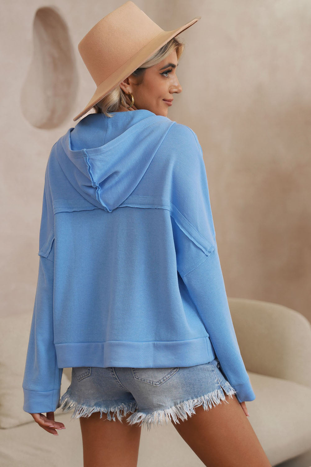 Sky Blue Casual Button Solid Patchwork Trim Hoodie