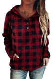 Plaid Button Collar Drawstring Pullover Hoodie