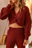 Red Twisted Front Cable Knit Cropped Sweater