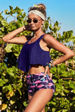 Print Crop Ruffled Overlay High Waist Tankini