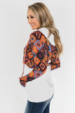 Boho Print Color Block Patchwork Zip Collar Sweatshirt