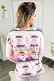 Pink Aztec Buttoned Split Neck Top