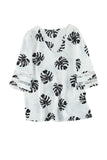 V Neck Mesh Splicing Sleeve Palm Leaf Print Top
