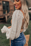 Khaki Floral Print Splicing Shirred Puff Sleeve Blouse