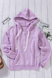 Kangaroo Pocket Button Lace Drawstring Hooded Pullover Sweater