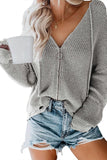 Zipper V-neck Dropped Sleeve Hooded Solid Sweater
