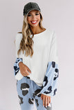 Leopard Splicing Waffle Knit Puff Sleeve Blouse