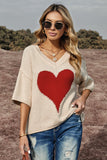 Beige V-neck Dropped Sleeve Heart Print Slouchy Top