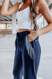 Deep Blue Rhinestone Tassel Trim Pocket Drawstring Jogger Pants